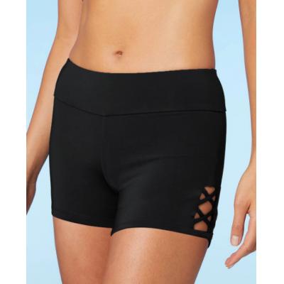 Black Lace Up Mid Waist Swim Shorts